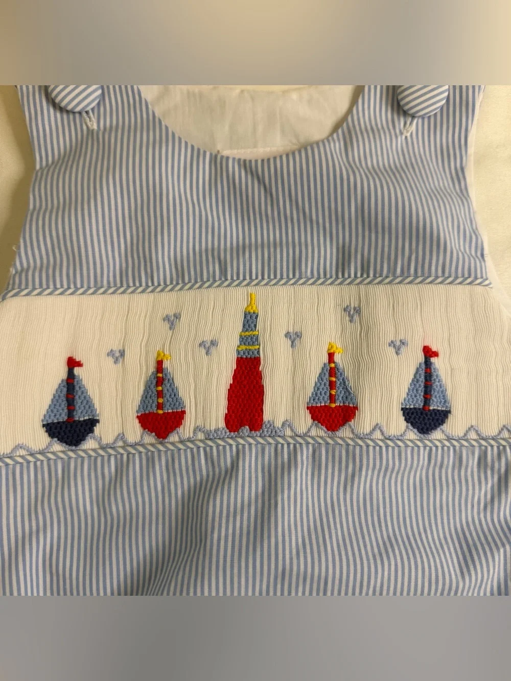 Stitchy Fish Boutique Style Smocked Sailboat Bubble Romper Blue Size 12 Months